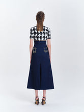 Load image into Gallery viewer, Chess Denim Skirt Long with Hand Embroidered Back Pockets