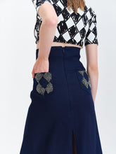 Load image into Gallery viewer, Chess Denim Skirt Long with Hand Embroidered Back Pockets