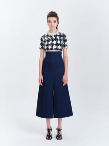 Chess Denim Skirt Long with Hand Embroidered Back Pockets