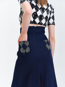 Chess Denim Skirt Long with Hand Embroidered Back Pockets