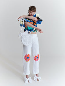 Egg jeans with flower patches, Off-white